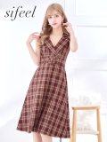 【ファイナルセール】【sifeel/シフィール】ミディアムチェックワンピース/ノースリーブ/布ベルト/開襟/谷間見せ/背中隠し/ミディアムドレス/キャバドレス【S-Lサイズ/1カラー】[OF03] 【YN】dzw