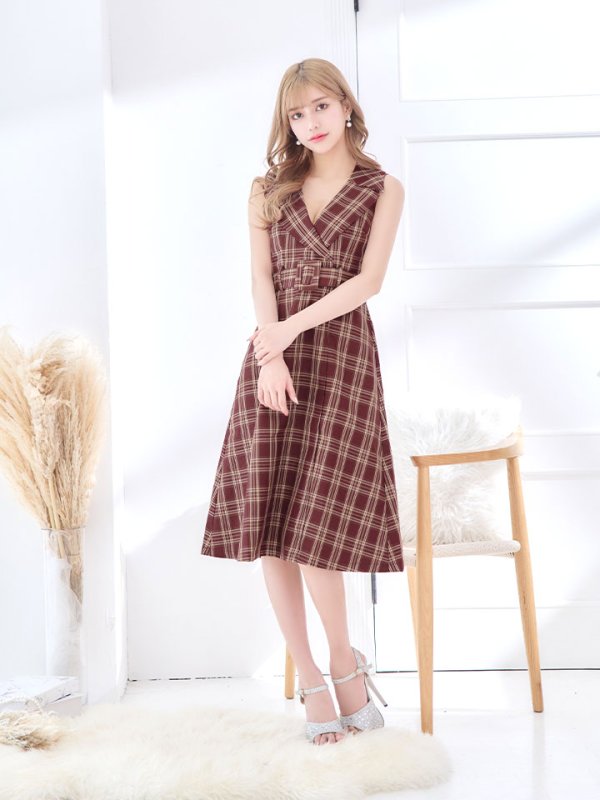 画像2: 【春の大感謝セール】【sifeel/シフィール】ミディアムチェックワンピース/ノースリーブ/布ベルト/開襟/谷間見せ/背中隠し/ミディアムドレス/キャバドレス【S-Lサイズ/1カラー】[OF03] 【YN】dzw