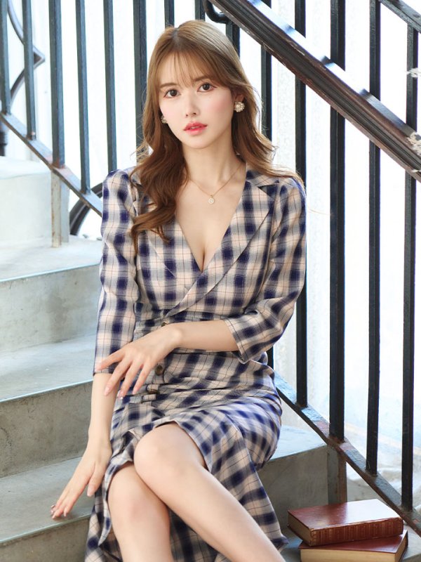 画像9: 【sifeel/シフィール】ミディアムチェックワンピース/ ロングスリーブ/谷間見せ/タイト/キャバドレス/ミディアムドレス【S-XLサイズ/1カラー】[HC02-U] 【YN】dzw