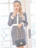 ツイードセットアップミニドレス/チェック柄/ロングスリーブ/パールボタン/谷間隠し/背中隠し/ミニドレス/キャバドレス 【S-Mサイズ/2カラー】[OF03-X] 【YN】dzw