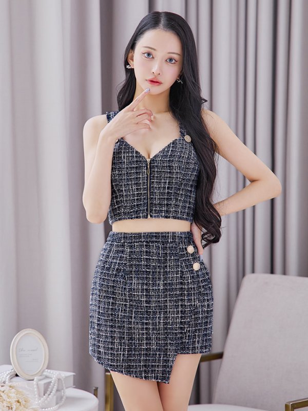 画像5: セットアップツイードミニドレス/フロントジップ/ノースリーブ/谷間見せ/背中見せ/ミニドレス/キャバドレス 【XS-Mサイズ/1カラー】[HC02-U] 【YN】dzw