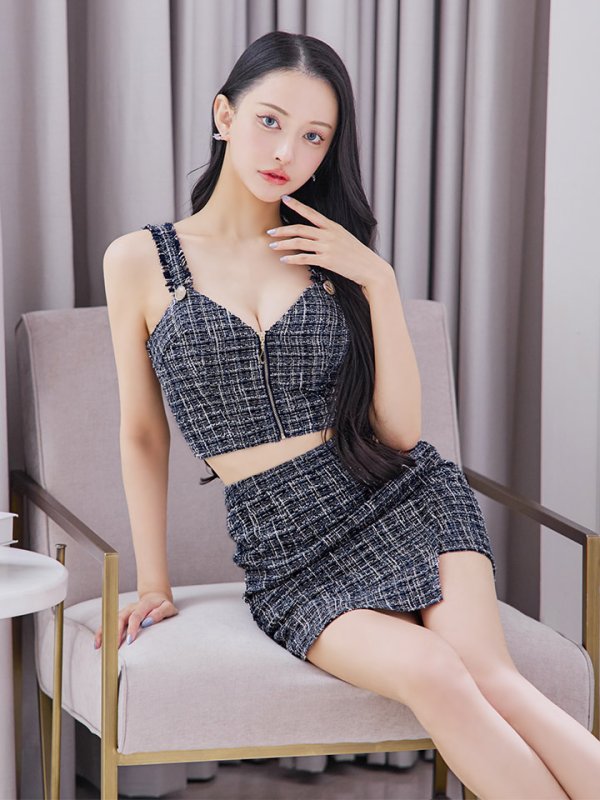 画像3: セットアップツイードミニドレス/フロントジップ/ノースリーブ/谷間見せ/背中見せ/ミニドレス/キャバドレス 【XS-Mサイズ/1カラー】[HC02-U] 【YN】dzw