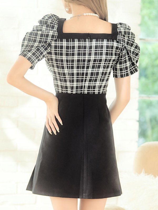 画像7: チェックハイウエストワンピース/スクエアネック/ボタン/フレアー/ミニドレス/キャバドレス【S-Mサイズ/1カラー】[HC02] 【YN】dzw