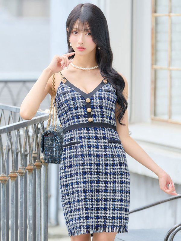 画像4: ツイードチェーンキャミソールドレス/谷間見せ/背中見せ/ミニドレス/キャバドレス【XS-Mサイズ/1カラー】[HC02] 【YN】dzw