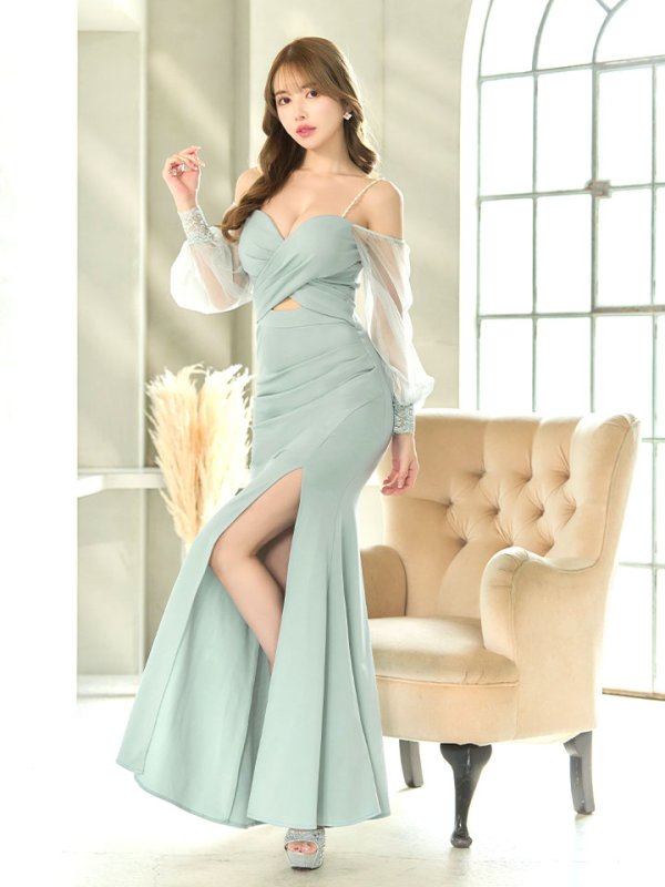 画像3: チュール長袖タックロングドレス/パール/キャミ/無地/ストレッチ/カットアウト/スリット/谷間見せ/タイト/ロングドレス/キャバドレス【S-Lサイズ/2カラー】[HC02-X] 【YN】dzwc