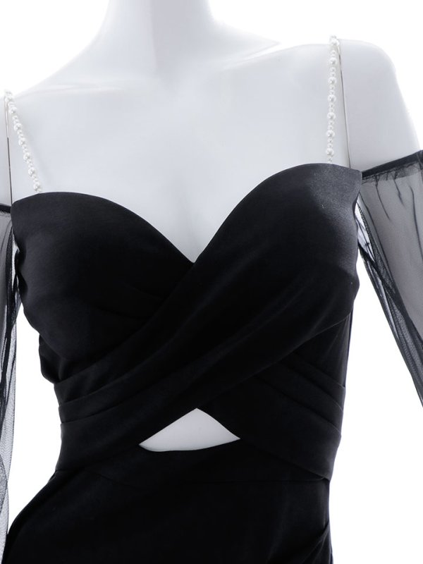 画像21: チュール長袖タックロングドレス/パール/キャミ/無地/ストレッチ/カットアウト/スリット/谷間見せ/タイト/ロングドレス/キャバドレス【S-Lサイズ/2カラー】[HC02-X] 【YN】dzwc