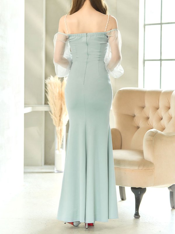 画像16: チュール長袖タックロングドレス/パール/キャミ/無地/ストレッチ/カットアウト/スリット/谷間見せ/タイト/ロングドレス/キャバドレス【S-Lサイズ/2カラー】[HC02-X] 【YN】dzwc