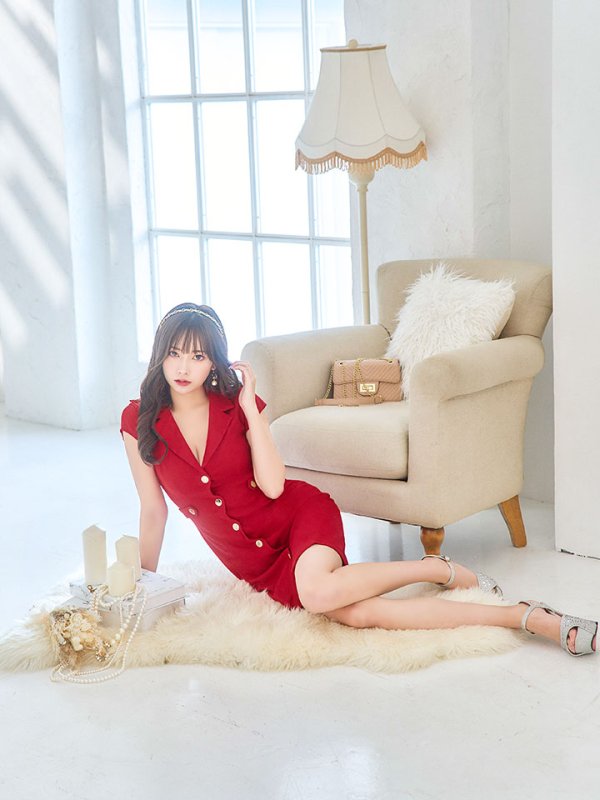 画像9: SALE!ウエストマークワッフルワンピ/テーラード/ゴールドボタン/谷間見せ/背中隠し/ミニドレス/キャバドレス 【XS-Mサイズ/1カラー】[HC02] 【YN】dzw