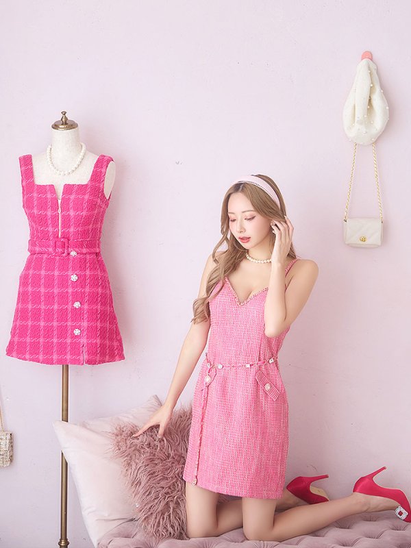 画像11: SALE!ビジューベルトキャミドレス/キャミソール/ノースリーブ/ツイード/チェック柄/ビジュー/ミニドレス/キャバドレス【XS-Mサイズ/1カラー】[HC02] 【YN】dzj