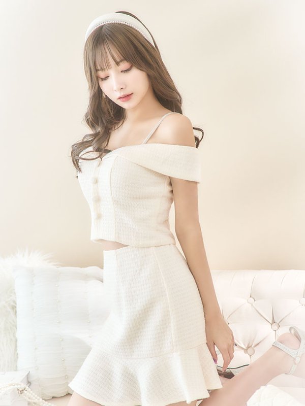 画像12: 【送料無料！】ラメツイードドレス/セットアップ/2ピース/オフショルダー/チェック柄/マーメイドスカート/ビジューストラップ/ボタン/谷間見せ/背中見せ/ミニドレス/キャバドレス【XS-Lサイズ/2カラー】[HC02-X] 【YN】dzy