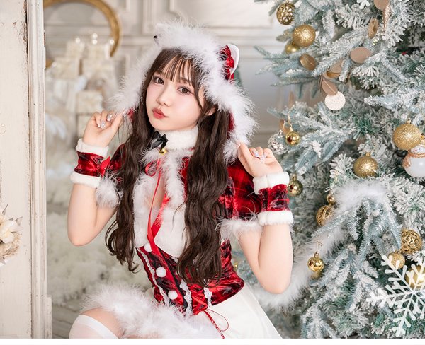 画像4: 【即日発送】【クリスマスコスプレ7点セット】【Malymoon/マリームーン】レースアップ猫耳チェックサンタ【フリーサイズ/1カラー】[OF03]