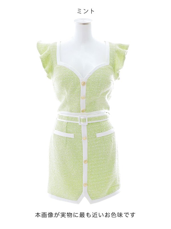 画像16: 【送料無料！】ツイードセットアップ/フリル袖/パイピング/ボタン/ベルト/タイト/谷間見せ/背中隠し/ミニドレス/キャバドレス【XS-Mサイズ/1カラー】[OF03-X] 【YN】dzy