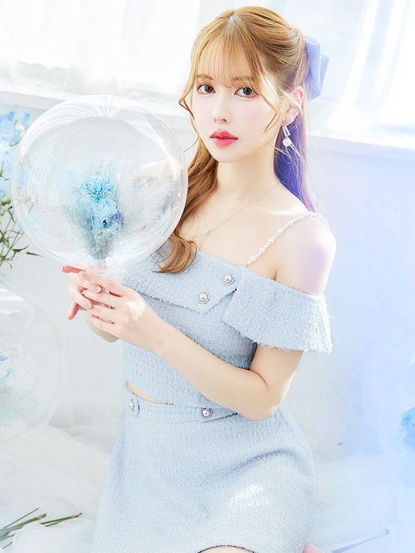 画像9: 【送料無料！】キャミツイードセットアップ/オフショルダー/パール紐/パールボタン/オフショルラップ/フレアスカート/胸元隠し/背中隠し/ミニドレス/キャバドレス【XS-Mサイズ/2カラー】[OF03-X] 【YN】dzw