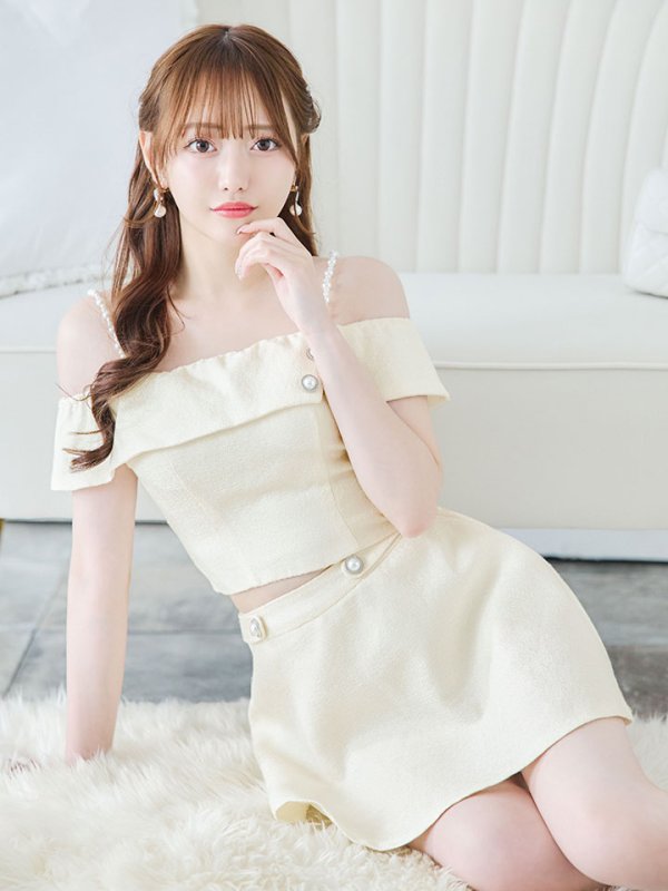 画像14: 【送料無料！】キャミツイードセットアップ/オフショルダー/パール紐/パールボタン/オフショルラップ/フレアスカート/胸元隠し/背中隠し/ミニドレス/キャバドレス【XS-Mサイズ/2カラー】[OF03-X] 【YN】dzw