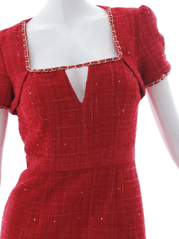 画像45: ツイードミニドレス/スクエアネック/ツイード /チェーン/タイトスカート/谷間見せ/背中隠し/キャバドレス/ミニドレス【XS-XLサイズ/3カラー】[OF03] 【YN】dzw