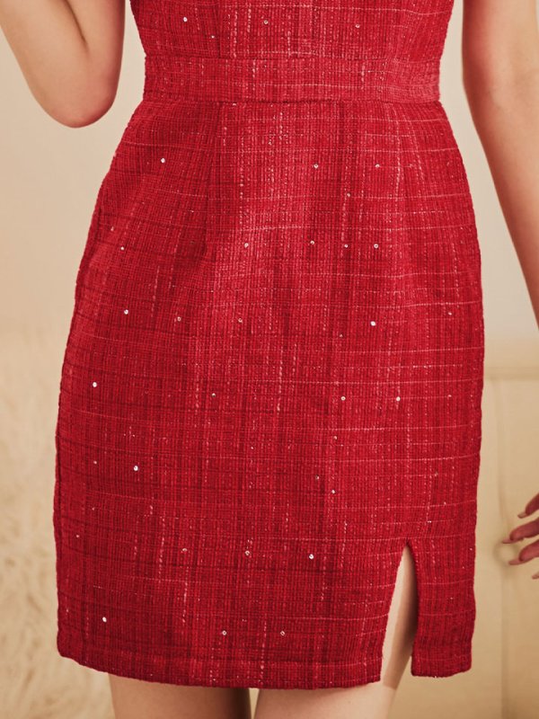 画像31: ツイードミニドレス/スクエアネック/ツイード /チェーン/タイトスカート/谷間見せ/背中隠し/キャバドレス/ミニドレス【XS-XLサイズ/3カラー】[OF03] 【YN】dzw