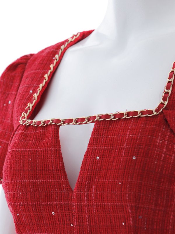 画像43: ツイードミニドレス/スクエアネック/ツイード /チェーン/タイトスカート/谷間見せ/背中隠し/キャバドレス/ミニドレス【XS-XLサイズ/3カラー】[OF03] 【YN】dzw