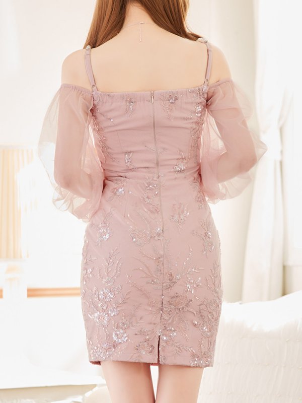 画像6: 【送料無料！】刺繍ミニドレス/オフショル/チュール袖/キャバドレス/ワンカラー/谷間見せ/サイドシアー【XS-Lサイズ/1カラー】[OF03-X] 【YN】dzc