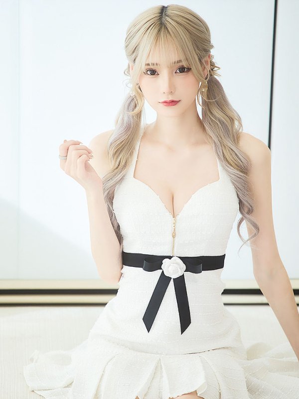 画像10: マーメイドツイードドレス/ノースリーブ/フラワーモチーフブローチ/谷間見せ/背中隠し/ミニドレス/キャバドレス【S-Mサイズ/1カラー】[OF03] 【YN】dzw