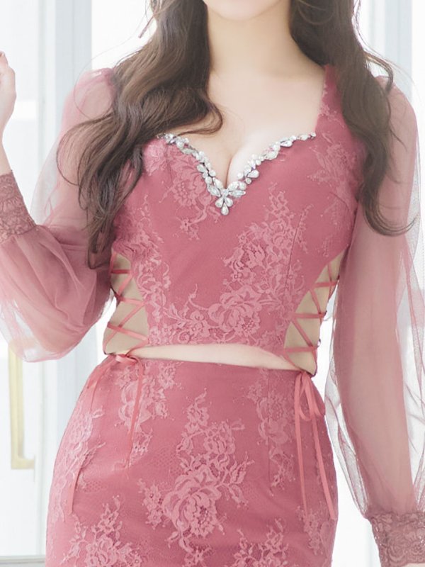 画像7: 【送料無料！】セットアップミニドレス/2ピース/チュール袖/キャバドレス/ワンカラー/谷間見せ/サイドシアー/レースアップ【XS-Lサイズ/4カラー】[OF03] 【YN】dzj