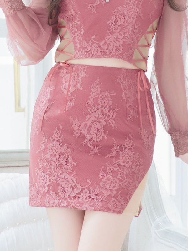 画像8: 【送料無料！】セットアップミニドレス/2ピース/チュール袖/キャバドレス/ワンカラー/谷間見せ/サイドシアー/レースアップ【XS-Lサイズ/4カラー】[OF03] 【YN】dzj