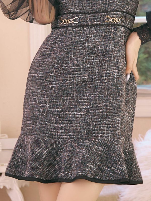 画像6: 【送料無料！】チュール袖ウエストベルトツイードミニドレス/キャバドレス【S-Lサイズ/3カラー】[OF03-X] 【YN】dzc