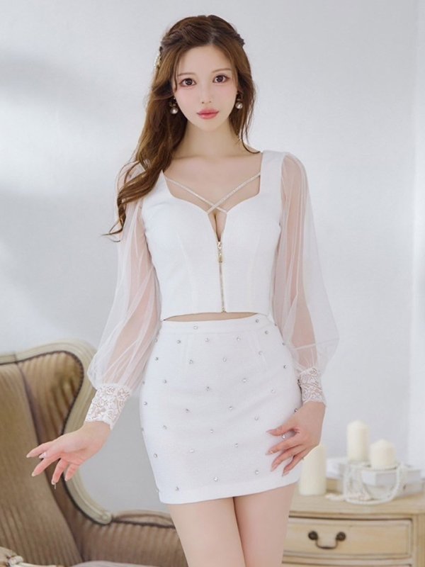 画像14: 【送料無料！】フロントジップセットアップミニドレス/2ピース/チュール袖/谷間見せ/ミニドレス/キャバドレス【XS-Lサイズ/3カラー】[OF03-X] 【YN】dzw【一部予約商品/11月中旬発送予定】