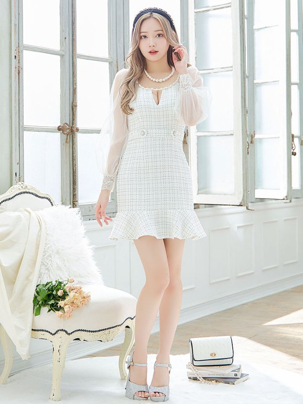 画像3: ツイードチェックドレス/パール/ボタン/マーメイドスカート/チュールスリーブ/刺繍レース/谷間見せ/背中隠し/ミニドレス/キャバドレス【XS-Lサイズ/1カラー】[OF03] 【YN】dzc