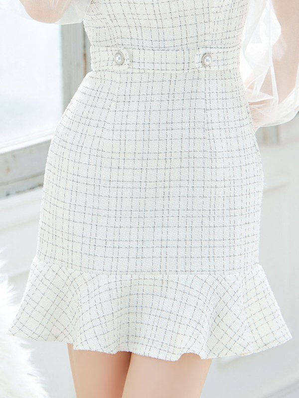 画像5: ツイードチェックドレス/パール/ボタン/マーメイドスカート/チュールスリーブ/刺繍レース/谷間見せ/背中隠し/ミニドレス/キャバドレス【XS-Lサイズ/1カラー】[OF03] 【YN】dzc