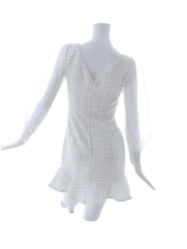 画像14: ツイードチェックドレス/パール/ボタン/マーメイドスカート/チュールスリーブ/刺繍レース/谷間見せ/背中隠し/ミニドレス/キャバドレス【XS-Lサイズ/1カラー】[OF03] 【YN】dzc