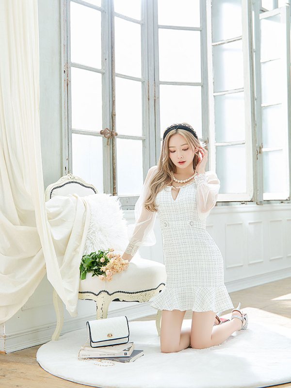 画像7: ツイードチェックドレス/パール/ボタン/マーメイドスカート/チュールスリーブ/刺繍レース/谷間見せ/背中隠し/ミニドレス/キャバドレス【XS-Lサイズ/1カラー】[OF03] 【YN】dzc