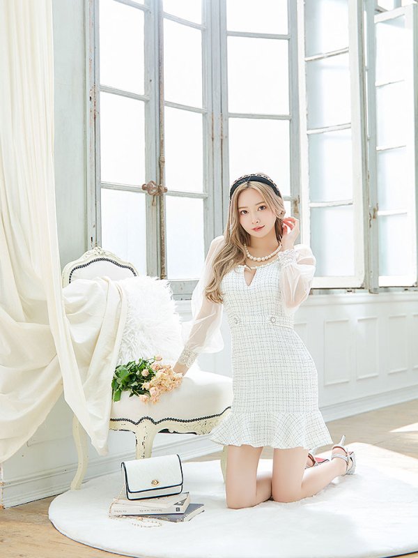 画像11: ツイードチェックドレス/パール/ボタン/マーメイドスカート/チュールスリーブ/刺繍レース/谷間見せ/背中隠し/ミニドレス/キャバドレス【XS-Lサイズ/1カラー】[OF03] 【YN】dzc