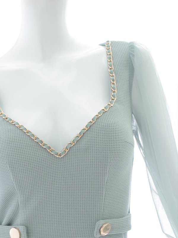 画像20: チュール袖タイトミニドレス/谷間見せ/背中隠し/長袖/ボタン/スリット/チュール/タイト/ミニドレス/キャバドレス【XS-Mサイズ/2カラー】[OF03-U] 【YN】dzw