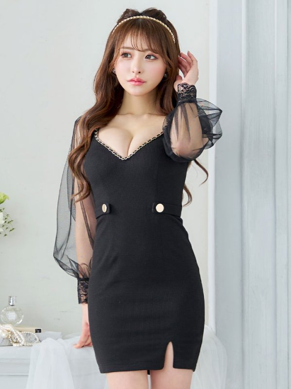 画像4: 【ウィンターセール！】SALE!チュール袖タイトミニドレス/谷間見せ/背中隠し/長袖/ボタン/スリット/チュール/タイト/ミニドレス/キャバドレス【XS-Mサイズ/2カラー】[OF03-U] 【YN】dzw