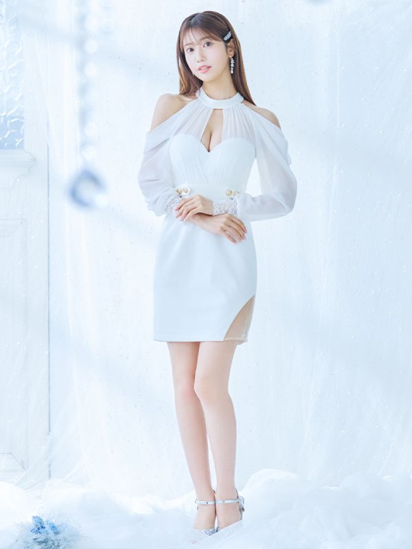 画像3: シフォン袖タイトミニドレス/谷間見せ/背中見せ/長袖/ボタン/スリット/アメスリ/オフショルダー/タイト/ミニドレス/キャバドレス【S-Mサイズ/2カラー】[OF03-U] 【YN】dzw