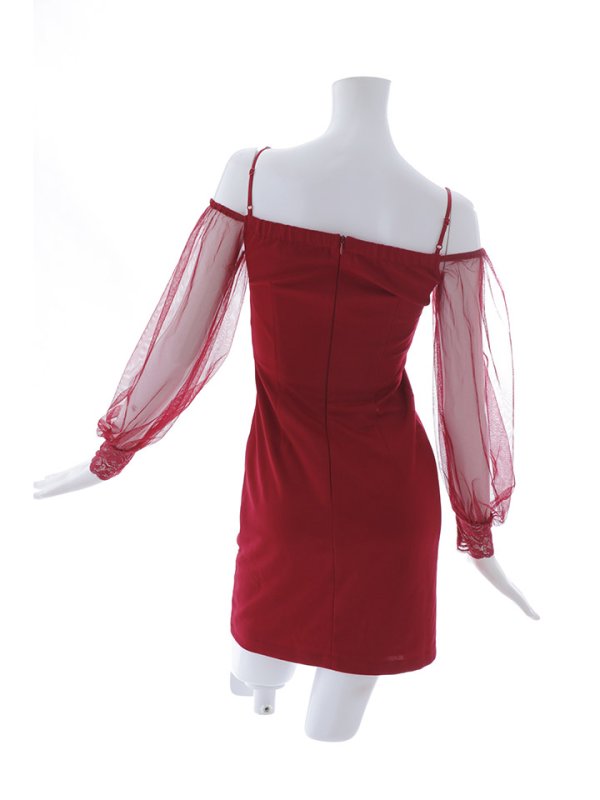 画像50: 新色登場!ワンカラービジュードレス/チュール袖/シアー/スリット/透け/谷間見せ/背中隠し/ミニドレス/キャバドレス【XS-XLサイズ/5カラー】[OF03] 【YN】dzw