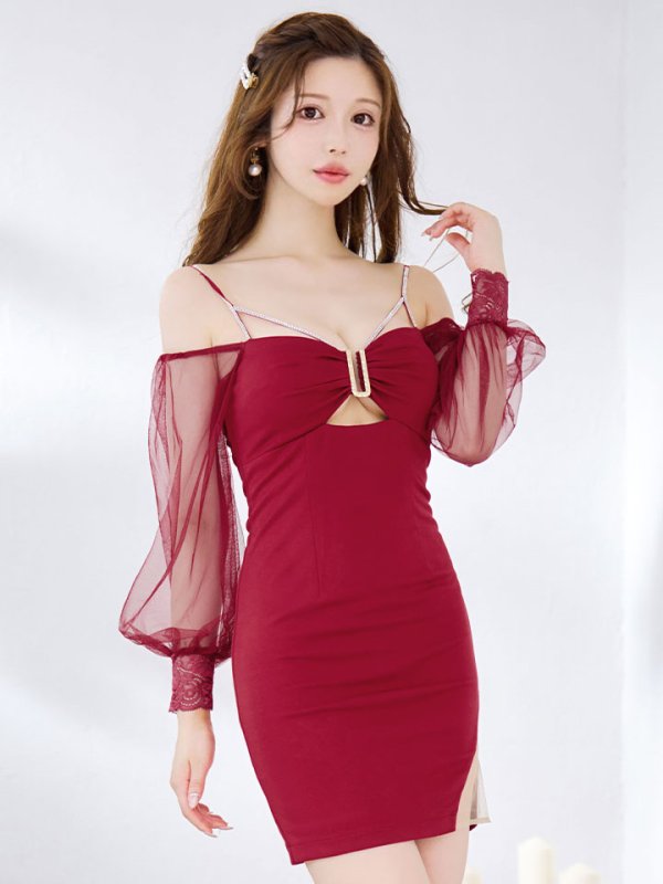 画像23: 新色登場!ワンカラービジュードレス/チュール袖/シアー/スリット/透け/谷間見せ/背中隠し/ミニドレス/キャバドレス【XS-XLサイズ/5カラー】[OF03] 【YN】dzw