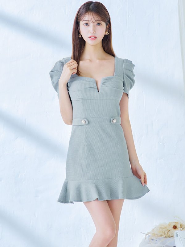 画像3: ワッフルフリルスカートドレス/パフスリーブ/ウエストボタン/谷間見せ/背中隠し/ミニドレス/キャバドレス[OF03] 【YN】dzw