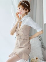 韓国っぽ切り替えシャツドレス/ツイード/ウエストマークベルト/ボタン/谷間見せ/背中隠し/ミニドレス/キャバドレス【S-Lサイズ/1カラー】[OF03-U] 【YN】dzw