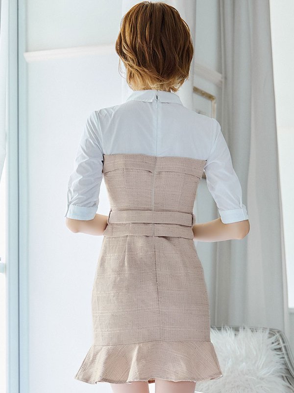 画像6: 韓国っぽ切り替えシャツドレス/ツイード/ウエストマークベルト/ボタン/谷間見せ/背中隠し/ミニドレス/キャバドレス【S-Lサイズ/1カラー】[OF03-U] 【YN】dzw
