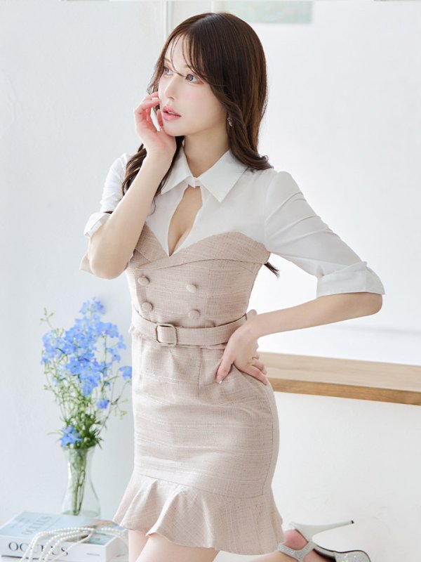 画像10: SALE!韓国っぽ切り替えシャツドレス/ツイード/ウエストマークベルト/ボタン/谷間見せ/背中隠し/ミニドレス/キャバドレス【S-Lサイズ/1カラー】[OF03-U] 【YN】dzw