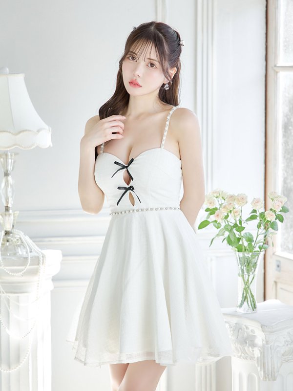 画像4: フロントリボンキャミソールフレアドレス/ビジュー/谷間見せ/背中見せ/ミニドレス/キャバドレス【XS-Mサイズ/1カラー】[OF03] 【YN】dzk