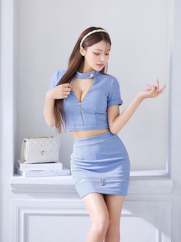 画像14: リブストライプセットアップドレス/ジップアップ/ボタン/ストレッチ/谷間見せ/背中隠し/ミニドレス/キャバドレス【XS-Mサイズ/2カラー】[OF03] 【YN】dzk