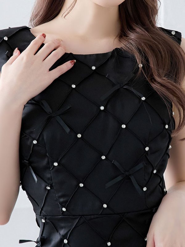 画像5: 【送料無料！】ノースリーブワンピースドレス/リボン/ビジュー/胸元隠し/背中隠し/Aラインスカート/ミニドレス/キャバドレス【XS-Mサイズ/2カラー】[OF03-U]  【YN】dzk