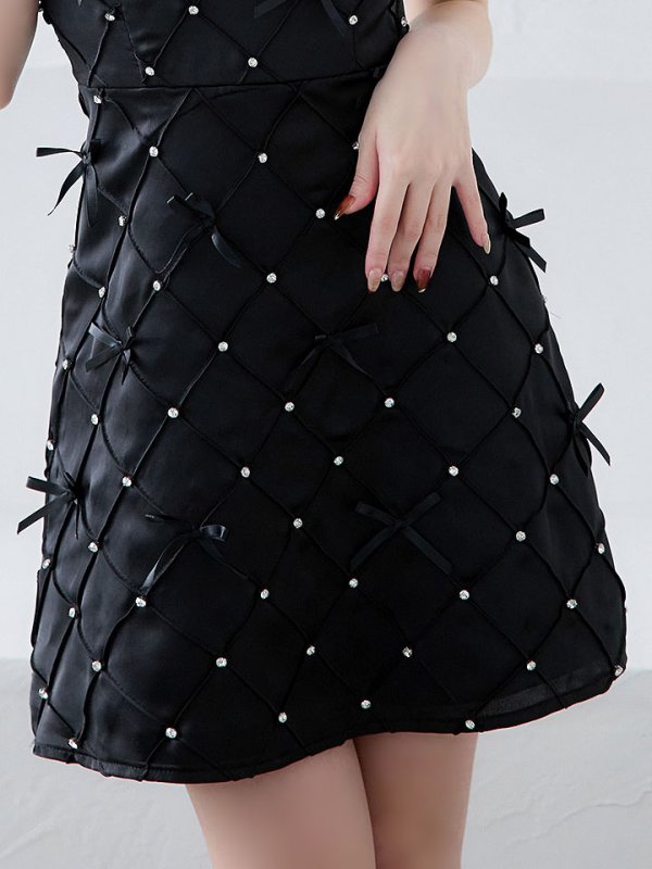 画像6: 【送料無料！】ノースリーブワンピースドレス/リボン/ビジュー/胸元隠し/背中隠し/Aラインスカート/ミニドレス/キャバドレス【XS-Mサイズ/2カラー】[OF03-U]  【YN】dzk