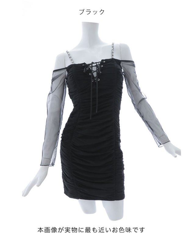 画像12: シフォンギャザードレス/谷間見せ/背中見せ/オフショル/シャーリング/タイト/キャバドレス/ミニドレス【S-Lサイズ/1カラー】[OF03]【YN】dzk