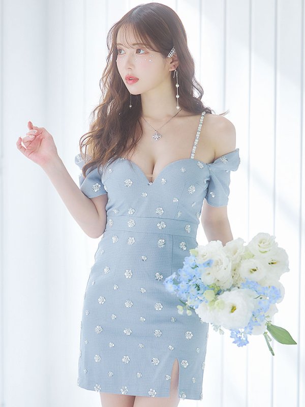 画像3: フラワースパンコールドレス/ツイード/パール/スリット/谷間見せ/チュール/透け/背中見せ/ミニドレス/キャバドレス【XS-Lサイズ/1カラー】[OF03-U] 【YN】dzc