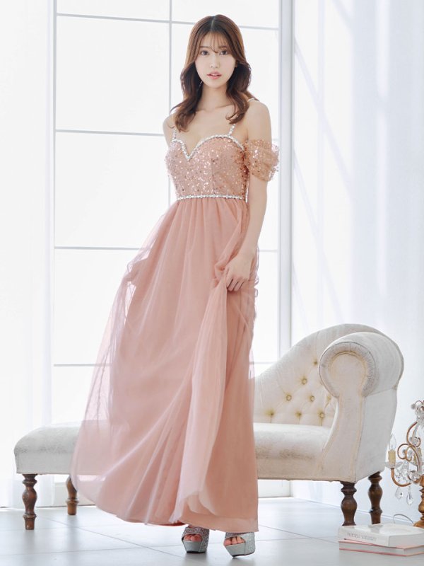 画像10: 【送料無料！】オープンショルダードレス/スパンコール/ビジュー/チュール/切り替え/キャミソール/フレアー/ロングドレス/キャバドレス【XS-Lサイズ/2カラー】[OF03] 【YN】dzc