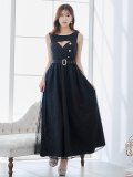 スパンコールレースワンピース/ノースリーブ/ボタン/布ベルト/ビジュー/バックル/谷間見せ/背中隠し/ロングドレス/キャバドレス【S-XLサイズ/2カラー】[OF03] 【YN】dzw