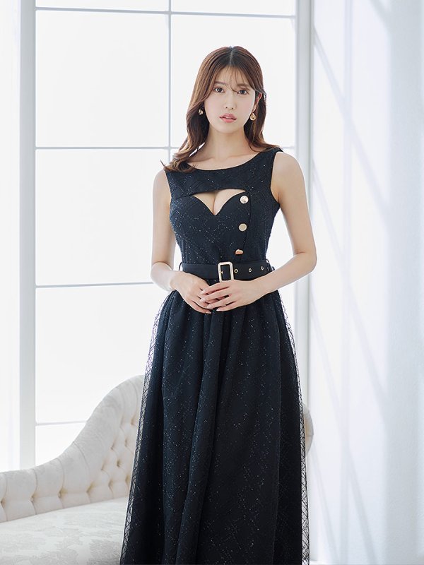 画像9: スパンコールレースワンピース/ノースリーブ/ボタン/布ベルト/ビジュー/バックル/谷間見せ/背中隠し/ロングドレス/キャバドレス【S-XLサイズ/2カラー】[OF03] 【YN】dzw